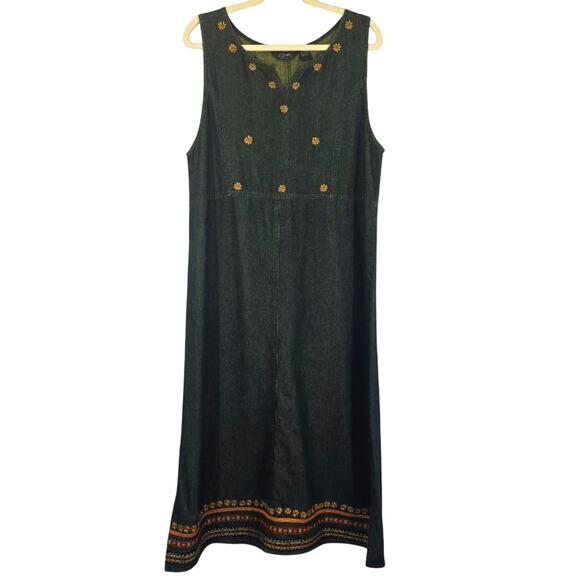 Y Agazu Collection Vintage 90s Embroidered Denim Sleeveless Midi Dress Size L - Picture 1 of 8